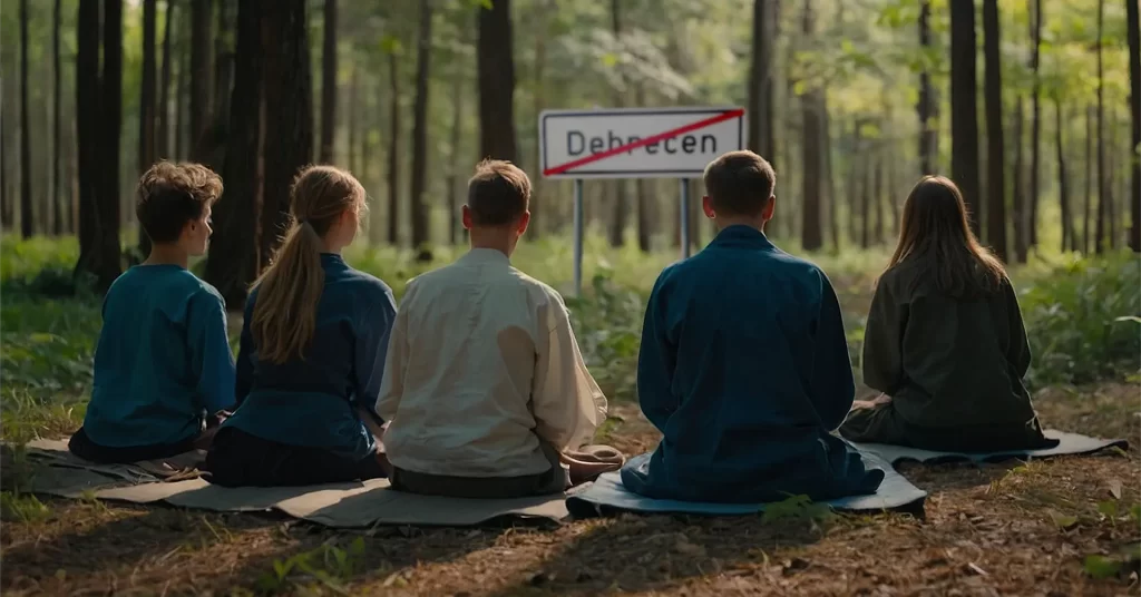 Erdőben meditáló emberek Debrecen vége táblánál